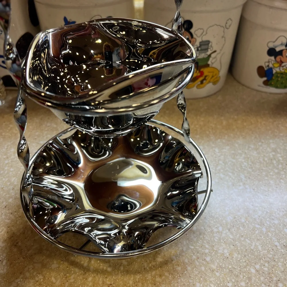 Vintage Sliver Toned Glass 2 Tier Dessert Candy Dish 10.5 Tall Non Tarnish